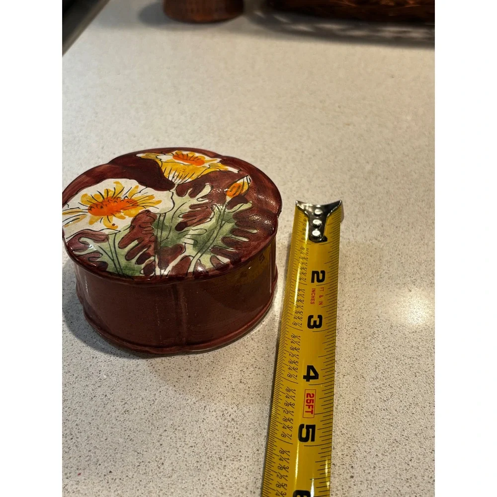 Vintage Enesco Japan Ceramic Trinket Box Hand Painted Floral Scalloped Jar Fall